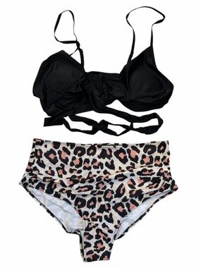 WRAP AROUND Black Bikini Top and Animal Print High Waist Bottoms XL